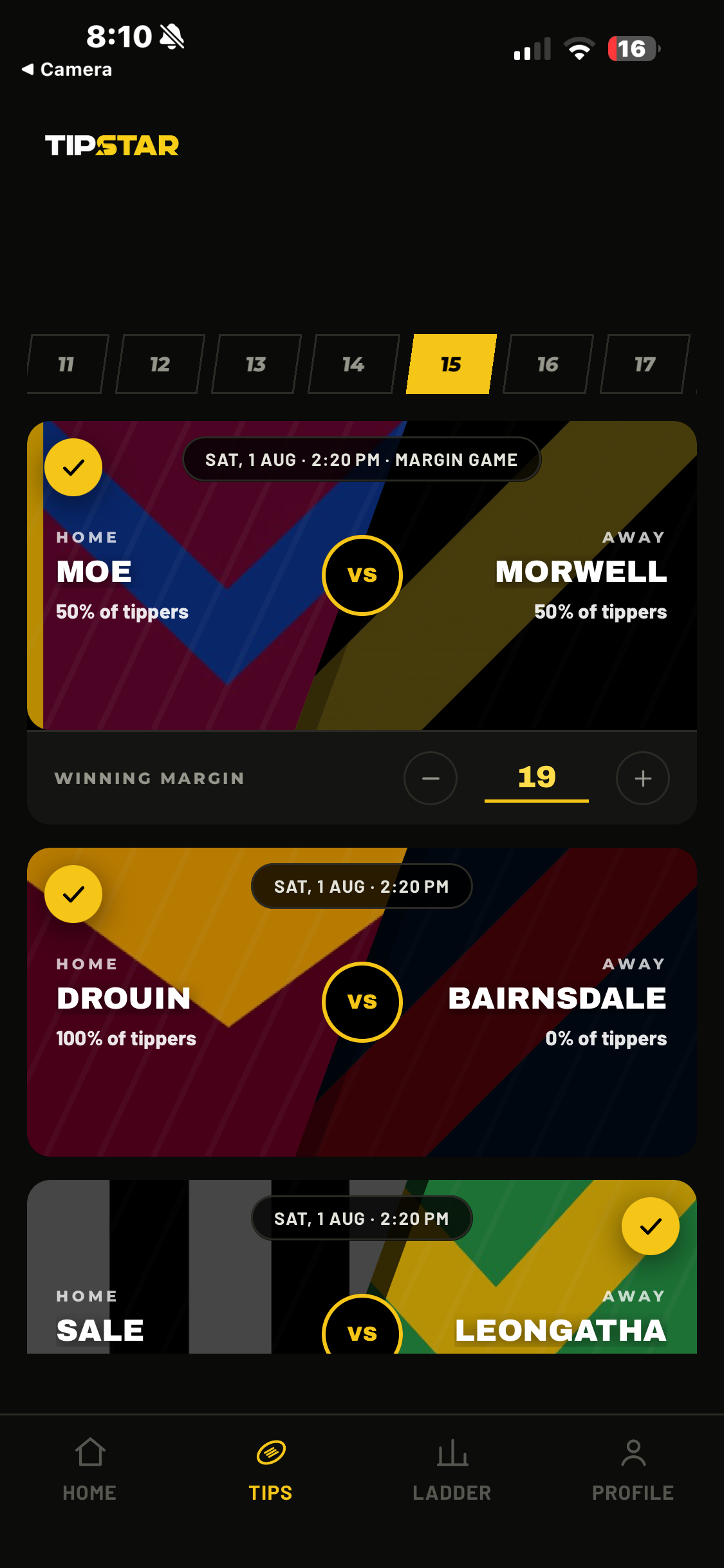 Tips screen for picking winners and the margin